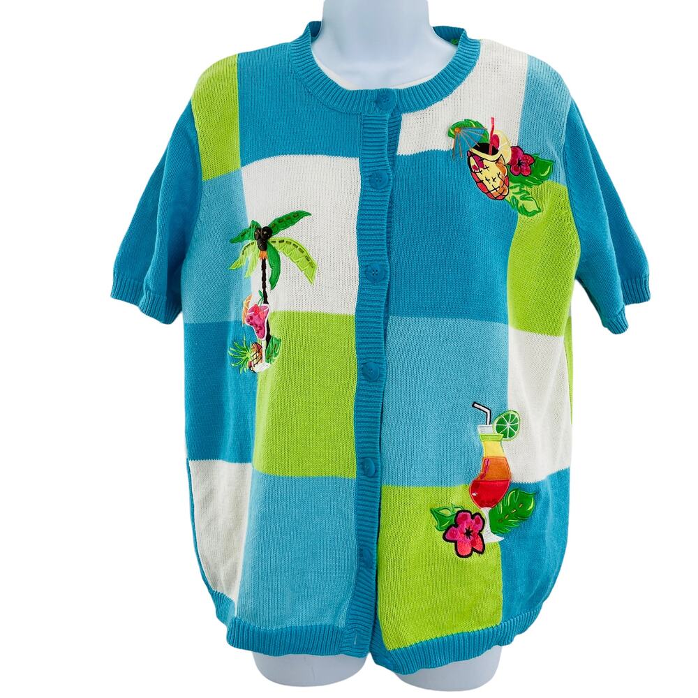 BRECKENRIDGE Blue Green White Tropical Drink Top & Cardigan Sweater Set S/M - Picture 6 of 12